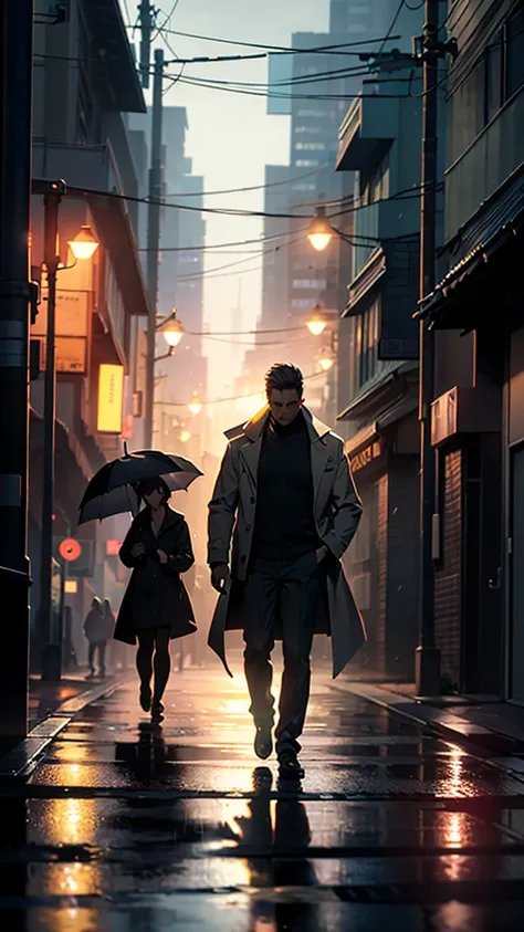 A heartbroken man walks down the sidewalk in the night rain. Headlights illuminating the dark roadway shine on her, casting a large shadow on the wall of a building. (Best quality), (masterpiece:1.3), ultra-detailed, sharp shadows, great detail, depth of f...