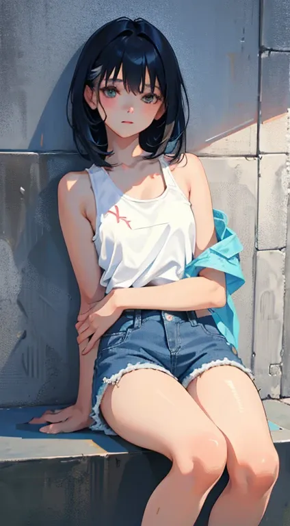 (short cute girl，small young student，young delicate girl）,（masterpiece，Top quality)，sit leaning against the wall，Tank top，light blue shorts，short sleeve，long black hair，sleepy