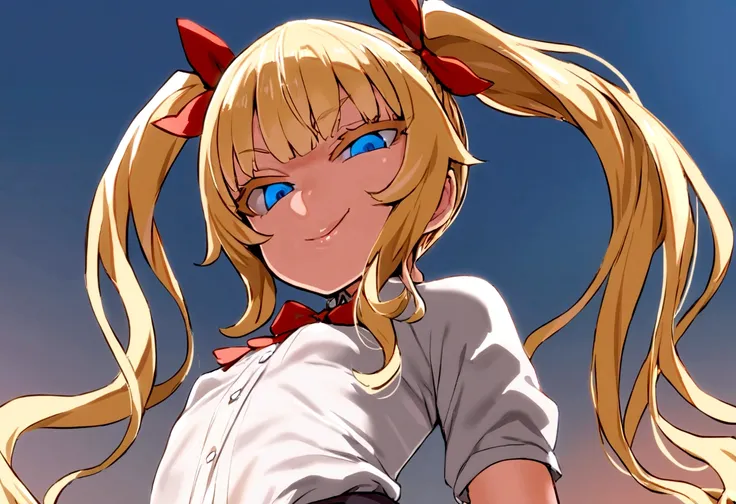 masterpiece, best quality, 1girl, solo, bangs, long hair, twin tails, blonde hair, blue eyes, smirk, smile, small breasts, white blouse, short sleeves, red bow, black skirt thigh-highs, , looking dawn at viewer