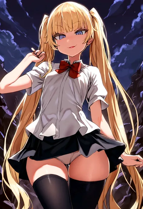 masterpiece, best quality, 1girl, solo, bangs, long hair, twin tails, blonde hair, blue eyes, smirk, small breasts, white blouse, short sleeves, red bow, black skirt thigh-highs, , looking dawn at viewer, panty shot