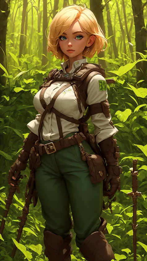 (best quality,4k,8k,highres,masterpiece:1.2),ultra-detailed, female ranger, short blond hair, spear, white shirt, green leather ...