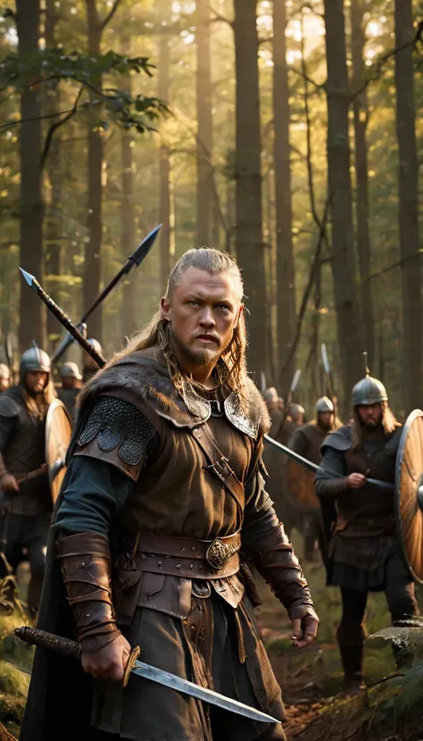 as the sun began to set, the warm golden color of the sun shone on his clothes, illustrate ragnar lothbrok leading his viking wa...