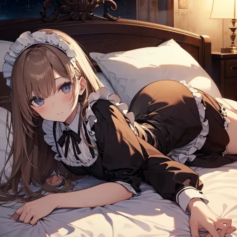 A maid, (in bedroom), various hair styles, night, details face, seducing, maid uniform, laying on bed