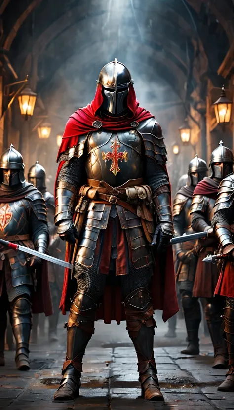 a group of knights donned in full armor and adorned with striking red capes finds themselves in the midst of a dramatic battle. ...