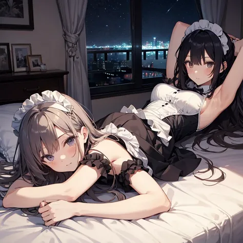 A maid, (in bedroom), various hair styles, night, details face, short skirt, seducing, sleeveless, maid uniform, armpits, laying on bed