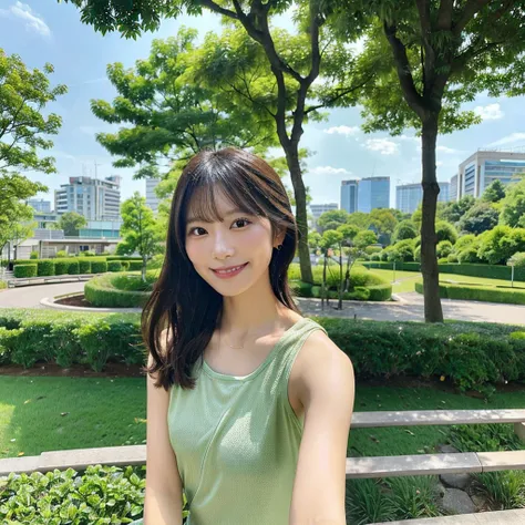 Best Quality, 1 beautiful Japanese woman, On a peaceful morning, a woman sits on a park bench, surrounded by the lush greenery of a well-kept garden. She takes a selfie with a serene smile, dressed in comfortable yet stylish workout gear, following a refre...