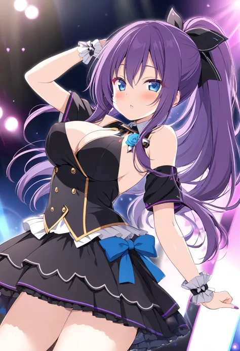 todoshizuko, purple hair, ponytail, hair ribbon, long hair, blue eyes, makeup, 14years old, large breasts,, Live Stage, solo nipple