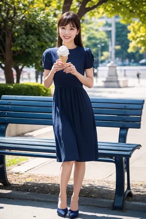 highest quality, flying debris, Realistic, High resolution, 8k　RAW Photos,alone, One Girl, 30 years old、Eat soft serve ice cream、smile、(((White Edge、Navy Blue Dress)))、High heels、Hold the soft-serve ice cream in both hands、On a park bench