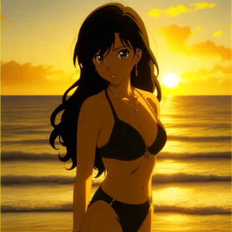 A beautiful and elegant female with long black hair, wearing a stylish bikini, standing on a beach at sunset with the sun setting over the ocean, in the style of Tsukasa Hojos anime art, highly detailed, anime art, 
