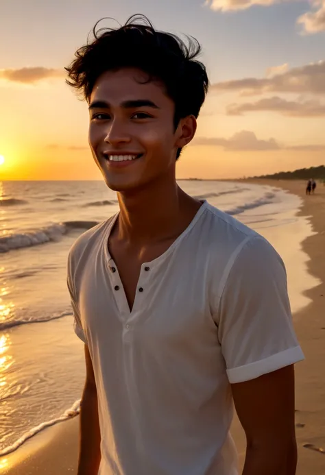 a young man and sunset, lighting yelow in the beach ((Best quality, 8k, Masterpiece :1.3)), black hair, white skin and glow, smiling happy