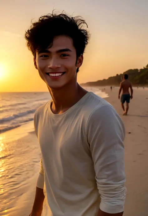 a young man and sunset, lighting yelow in the beach ((Best quality, 8k, Masterpiece :1.3)), black hair, white skin and glow, smiling happy