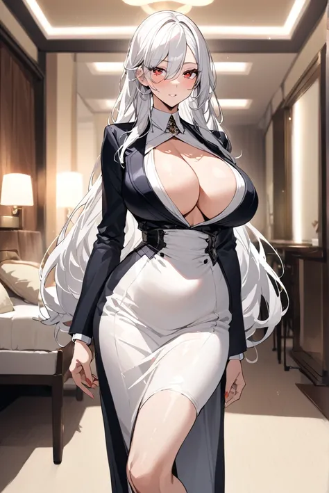 Tall woman, white hair, red eyes, defined, dressed in very sexy luxury attire, big breasts, chic motel room background