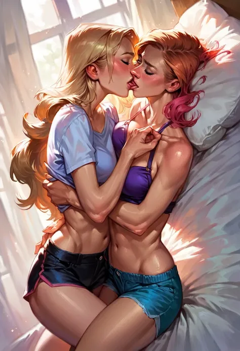 score_9, score_8_up, score_7_up, score_6_up, score_5_up, (high quality, detailed, beautiful), detailed soft lighting, rating_explicit, source_cartoon, 2girls, Barbara Gordon cuddling in bed with Gwen Stacy, kissing, passionate, wearing cute shorts and crop...