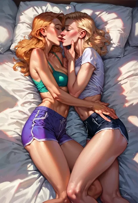 score_9, score_8_up, score_7_up, score_6_up, score_5_up, (high quality, detailed, beautiful), detailed soft lighting, rating_explicit, source_cartoon, 2girls, Barbara Gordon cuddling in bed with Gwen Stacy, kissing, passionate, wearing cute shorts and crop...