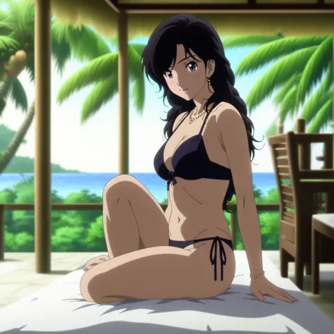 A beautiful and elegant female with long black hair, wearing a stylish bikini, relaxing at a tropical resort with beach cabanas and lush greenery, in the style of Tsukasa Hojos anime art, highly detailed, anime art, 
