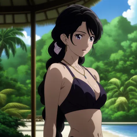 A beautiful and elegant female with long black hair, wearing a stylish bikini, relaxing at a tropical resort with beach cabanas and lush greenery, in the style of Tsukasa Hojos anime art, highly detailed, anime art, 
