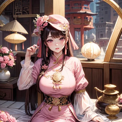 masterpiece, highest quality, Waterfront, banquet, 1 female, Mature Woman, elegant, Chinese style, ancient China, younger sister, Royal younger sister, Happy, Meatball Head, Light brown hair, Pink Eyes, Gorgeous hat, Pale pink lips, Pink clothes, thread-li...