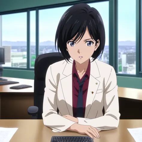 A calm and professional female office worker with long black hair, wearing a stylish business suit, sitting at a sleek office desk with a cityscape visible through large windows, in the style of Tsukasa Hojos anime art, highly detailed, anime art, 
