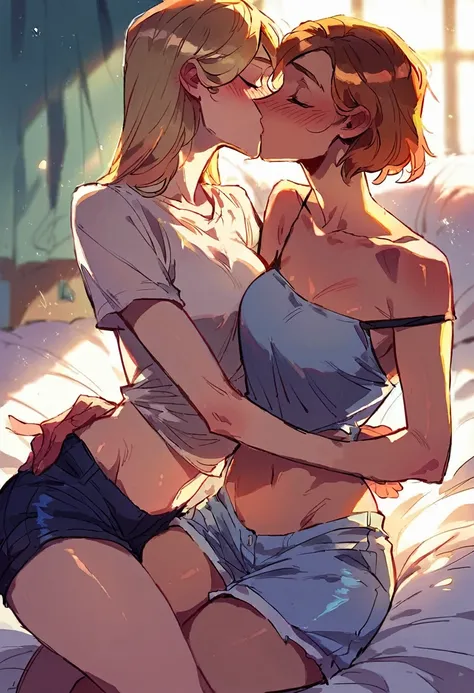 score_9, score_8_up, score_7_up, score_6_up, score_5_up, (high quality, detailed, beautiful), detailed soft lighting, rating_safe, source_cartoon, 2girls, Barbara Gordon cuddling in bed with Gwen Stacy, kissing, passionate, wearing cute shorts and crop top...