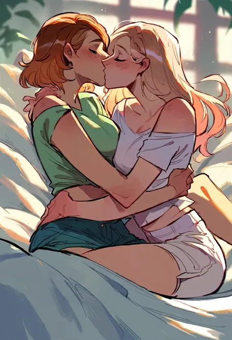 score_9, score_8_up, score_7_up, score_6_up, score_5_up, (high quality, detailed, beautiful), detailed soft lighting, rating_safe, source_cartoon, 2girls, Barbara Gordon cuddling in bed with Gwen Stacy, kissing, passionate, wearing cute shorts and crop top...