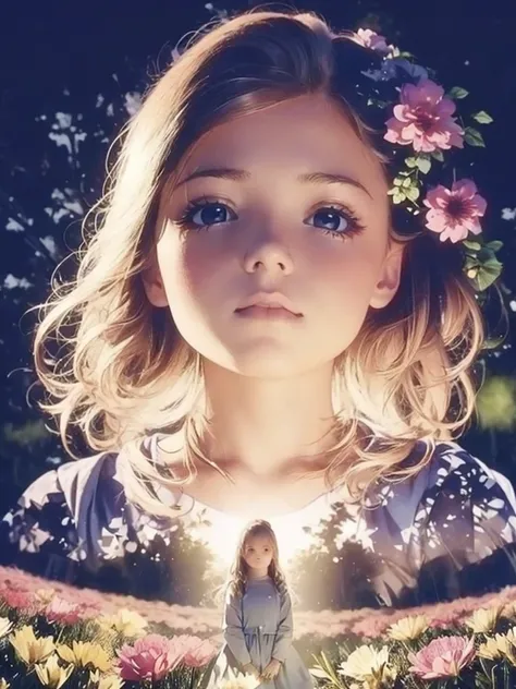 Cute little princess、Beautiful fine eyes、Vaguely、(de luz:0.7)、Her outfit is、Blends seamlessly into the beautiful flower field background、Multiple Exposure Effect、Spotlight on her