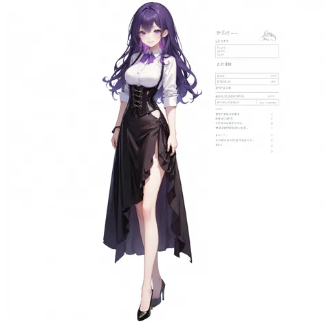 Purple hair,super long hair,Adult female,Bartender,((Rolling up your sleeves shirt)),(Corset),(skirt),High heels,((Simple white background)),Smile,((Full body)),((whole body)),Character Sheet,