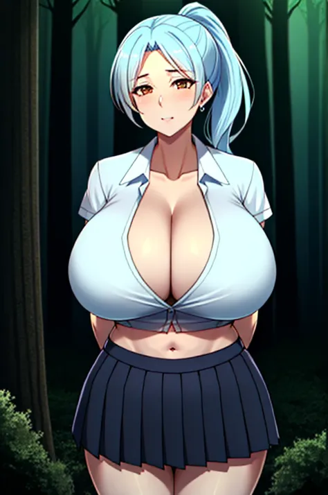 ((light blue ponytail)), massive breasts, cleavage, navel, athletic, slutty, slut, whore, mature, school clothes, skirt, (haunted forest), brown eyes, (arms behind back), coy