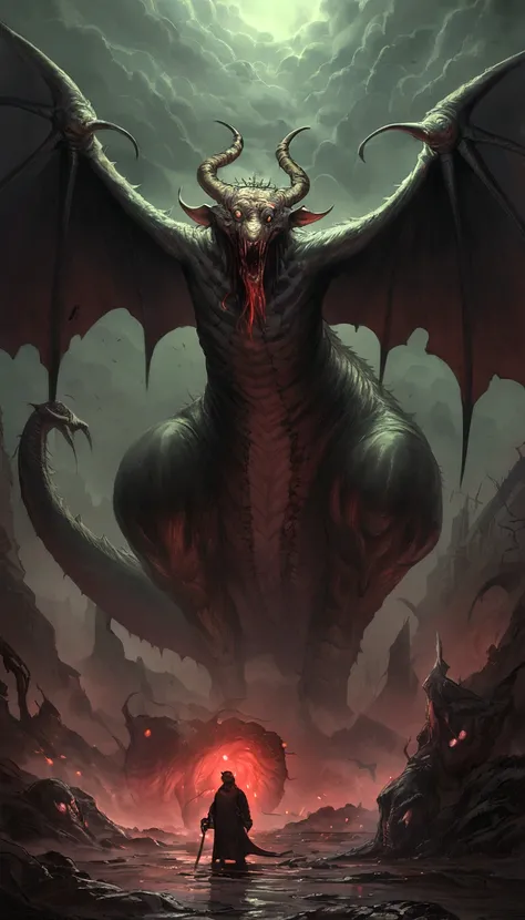 Draw a demonic creature with a strong, bloody face and bloody head, A huge dragon，There are a pair of huge dragon wings growing on their backs，Gigantic body，Huge tail with bone spurs，Science fiction horror art, sci-fi horror artwork, inspired by Aleksi Bri...