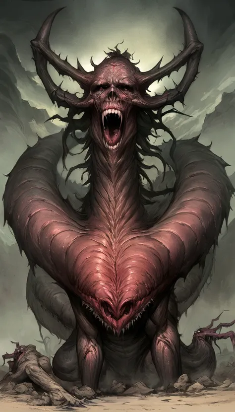 Draw a demonic creature with a strong, bloody face and bloody head, A huge dragon，There are a pair of huge dragon wings growing on their backs，Gigantic body，Huge tail with bone spurs，Science fiction horror art, sci-fi horror artwork, inspired by Aleksi Bri...