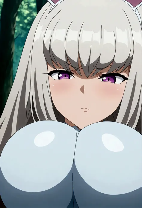 (masterpiece, best quality:1.2) best quality, girl design, portrait, giesha, anime image, long hair, gray hair, angry and shy look, purple eyes, bunny ears, tight light blue bunny suit, white gloves, round thick giant breasts, ((huge breasts)), ((large bre...