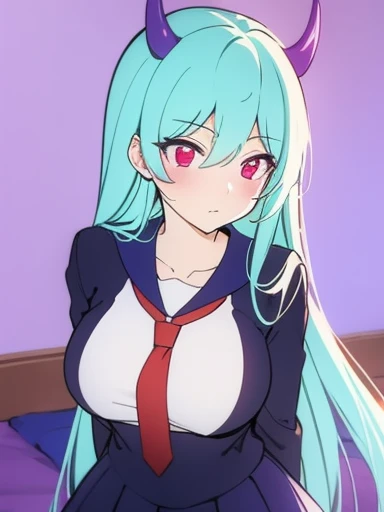 masterpiece，best quality，1 girl，red eyes，cyan hair，banya，end，purple corners smooth，uniforms