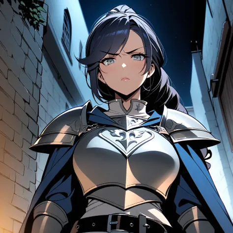 {{upper body, dutch angle}} {{Artist: ratatatat74}} 1girl, mature female, dark blue hair, long curly ponytail hair, grey eyes, knight, silver chest plate, black belt, blue cape, outdoor, night, alleyway, standing, holding a sword, frowning, looking at user...