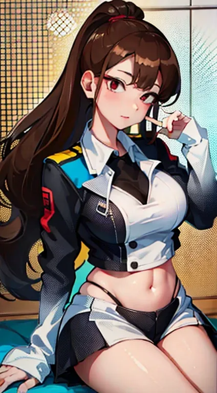 Shoko Komi,Dark brown hair，Red eyes and fleshy thighs，Poster style，Uniforms，Full figure，C cup，Happy expression