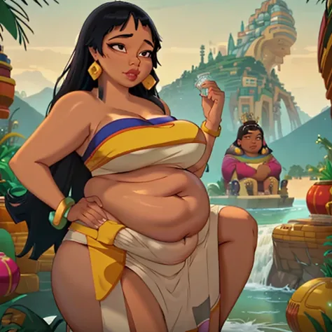 (Masterpiece), (best quality), (detailed), 1girl, (Chel from road to el dorado), giant obese fatty girl, Chel the queen of El Dorado, super obese, queen attire, crown of obesity, fatty, royal Chel, round tummy