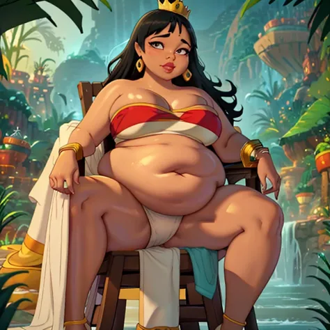 (Masterpiece), (best quality), (detailed), 1girl, (Chel from road to el dorado), giant obese fatty girl, Chel the queen of El Dorado, super obese, queen attire, crown of obesity, fatty, royal Chel, round tummy, sitting on a throne