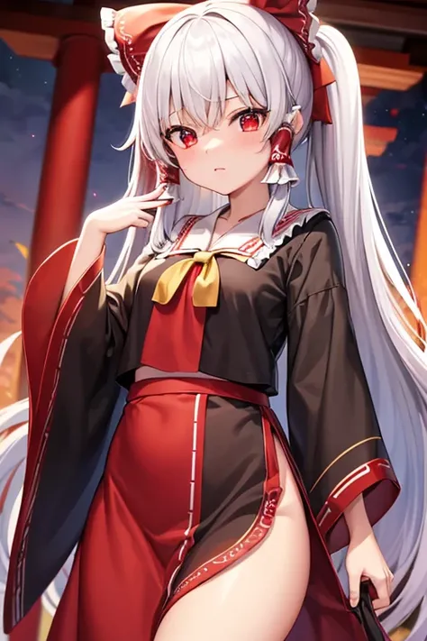 (highest quality)、(One girl)、Oriental Project、Reimu Hakurei、Long black hair、Shrine maiden、Small breasts、Bleaching、Red ribbon、Red Eyes、Sexy costume