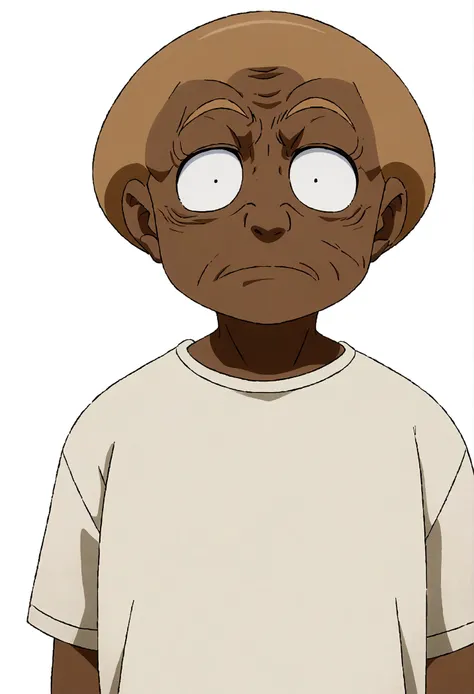 masterpiece, 1 young man, Stand up straight, Casual clothing, View Viewer, Detailed face,Brown Skin,Bust, Reduce wrinkles in clothes,Anime Style,whole body,Grim expression(Simple Background, White Background: 1.3)