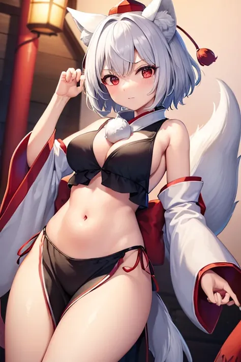 (highest quality)、(one girl)、oriental project、dog walking、red tengu hat、silver short hair、white wolf tengu、wolf ears、fluffy wolf...