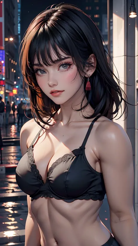 Face Focus, Portraiture, Glowing black eyes, Feminine style, One Girl, asymmetrical bangs, bangs, Black Hair, goodid, good, looking at the camera, smile, night, city, Bob Hair, abdomen, Red lips, shirt, alone, Are standing, goodid, Upper Body, underwear, p...