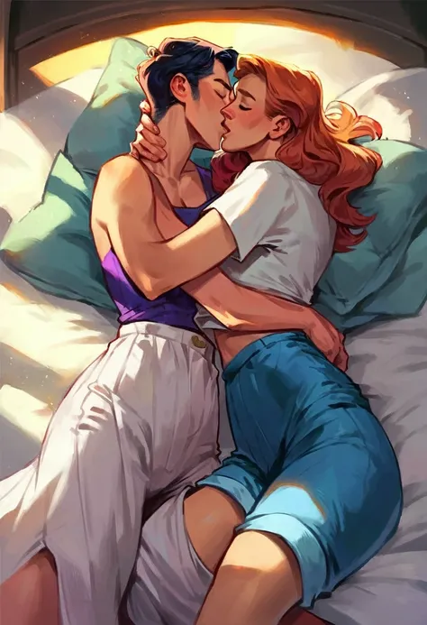 score_9, score_8_up, score_7_up, score_6_up, score_5_up, (high quality, detailed, beautiful), detailed soft lighting, rating_safe, source_cartoon, (Mike Deodato), 2girls, Barbara Gordon cuddling in bed with Gwen Stacy, kissing, passionate, wearing cute sho...