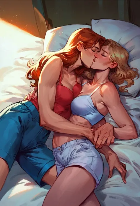 score_9, score_8_up, score_7_up, score_6_up, score_5_up, (high quality, detailed, beautiful), detailed soft lighting, rating_safe, source_cartoon, (Mike Deodato), 2girls, Barbara Gordon cuddling in bed with Gwen Stacy, kissing, passionate, wearing cute sho...