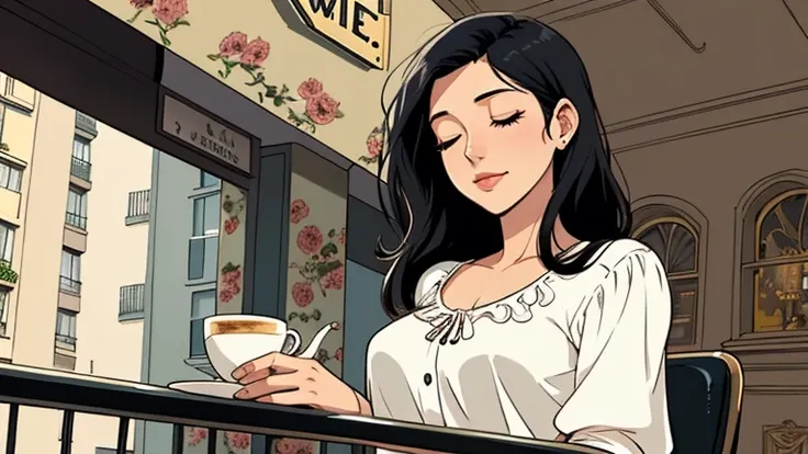 Beautiful woman in her 30s with black hair is sitting on the cafe terrace. Looking down, eyes closed, LOFI girl, alone in the room, blouse, cozy wallpaper, relaxing mood, cozy, only five fingers, Paris cityscape,