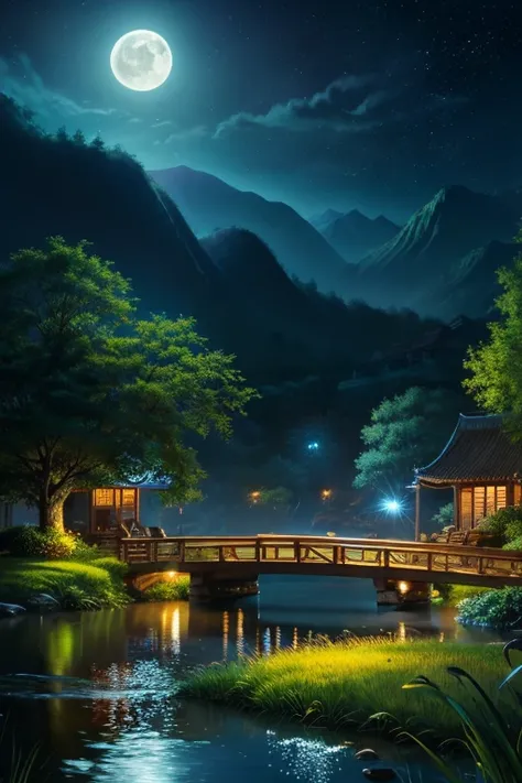 アジアの家のNight view, Vietnam, Vietnam, Hazan, moon, Lake in the foreground, quiet night, Green and Blue, Digital Illustration, Highly detailed digital art in 4K, Night view, anime art wallpaper 4k, anime art wallpaper 4k, 4K Detailed Digital Art, Natural scen...