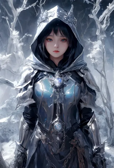 There is a corner on the left side under the bangs, A 15-year-old girl, whole body, Navy blue hood, Wearing a cowboy medieval hood and silver light armor, serious face, Short Bangs Bob Hairstyle, Emerald eyes, Black Hair, Left single speaker, Dark theme, S...