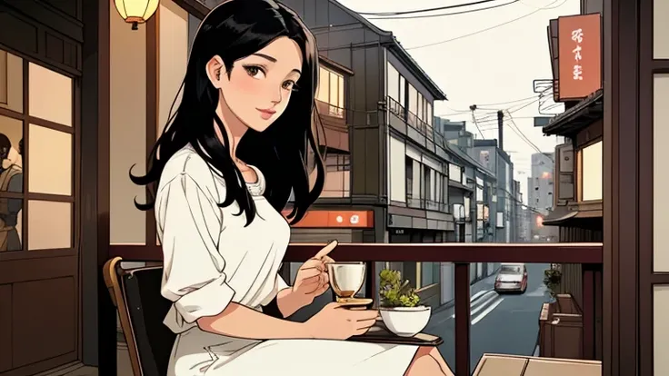 Beautiful woman in her 30s with black hair is sitting on the cafe terrace. Looking down, LOFI girl, alone in the room, blouse, cozy wallpaper, relaxing mood, cozy, only five fingers, kyoto cityscape in japan