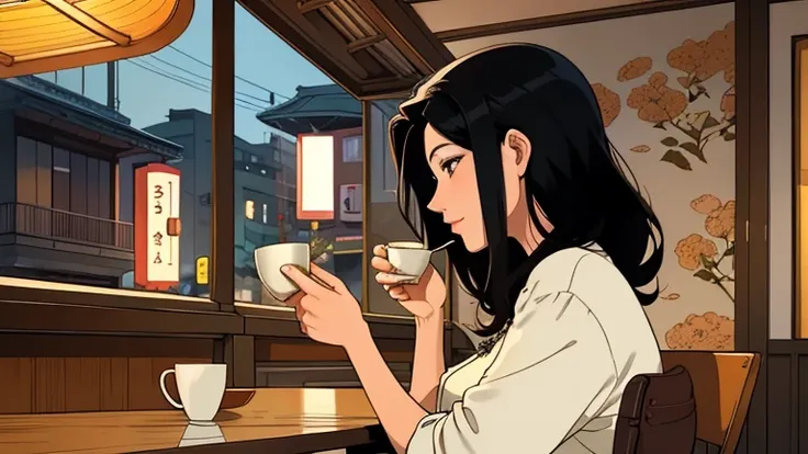 Beautiful woman in her 30s with black hair is sitting on the cafe terrace. Looking down, LOFI girl, alone in the room, blouse, cozy wallpaper, relaxing mood, cozy, only five fingers, kyoto cityscape in japan