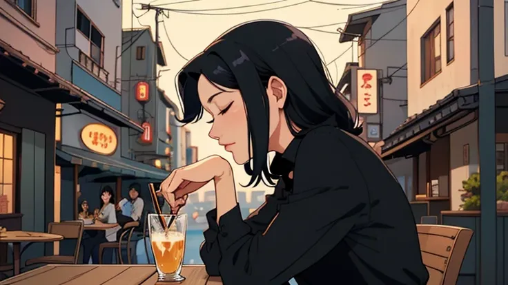 Beautiful woman in her 30s with black hair is sitting on the cafe terrace. Looking down, eyes closed, LOFI girl, alone in the room, blouse, cozy wallpaper, relaxing mood, cozy, only five fingers, japan cityscape