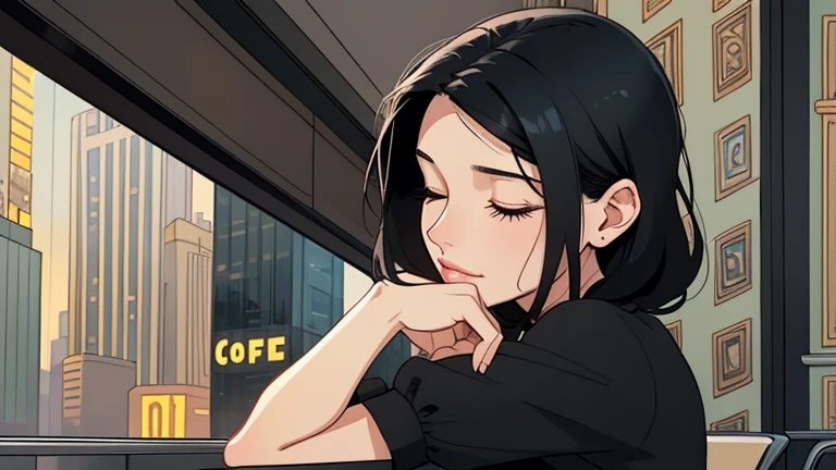 Beautiful woman in her 30s with black hair is sitting on the cafe terrace. Looking down, eyes closed, LOFI girl, alone in the room, blouse, cozy wallpaper, relaxing mood, cozy, only five fingers, Cityscape of skyscrapers