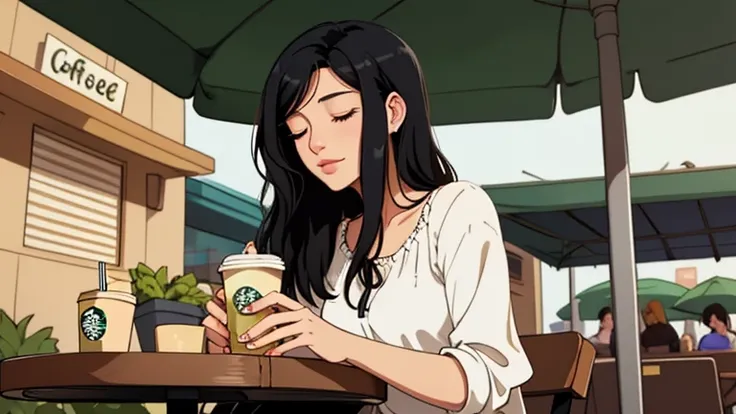 Beautiful woman in her 30s with black hair is sitting on the cafe terrace. Looking down, eyes closed, LOFI girl, alone in the room, blouse, relaxing mood, cozy, only five fingers, Starbucks