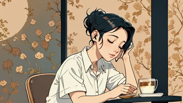 Beautiful woman in her 30s with black hair up is sitting with headphones on the cafe terrace. Looking down, eyes closed, LOFI girl, alone in the room, blouse, cozy wallpaper, relaxing mood, cozy, only five fingers, Tokyo cityscape,